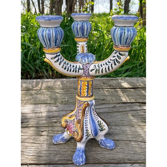 Vintage Hand Painted Portugal 3 Arm Candelabra Candle Stick Holder - Picture 11 of 16